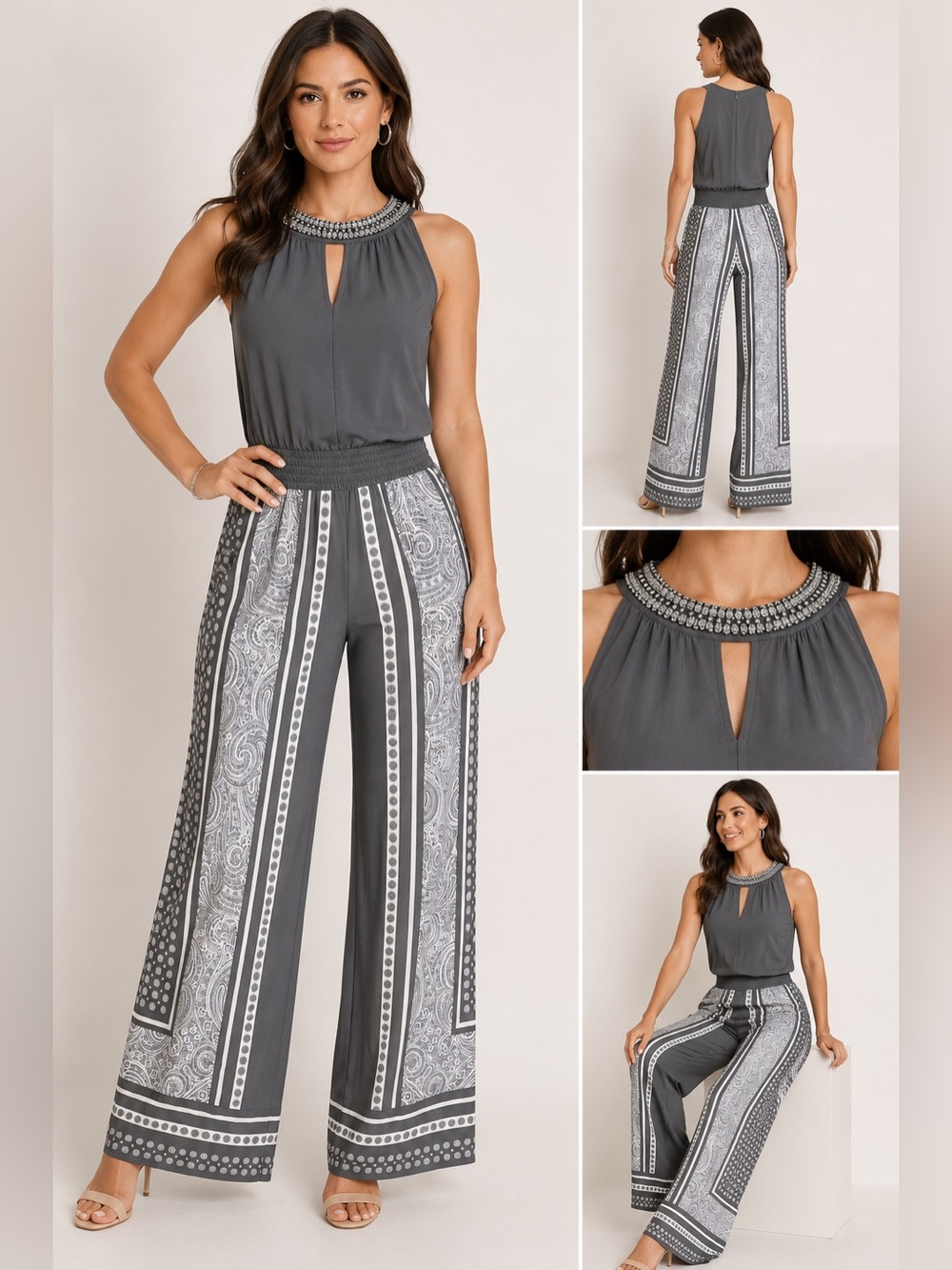 INC International Concepts Petite Embellished Neck Wide Leg Jumpsuit | PP | Gray